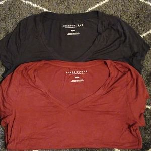 gray v-neck, rust v-neck